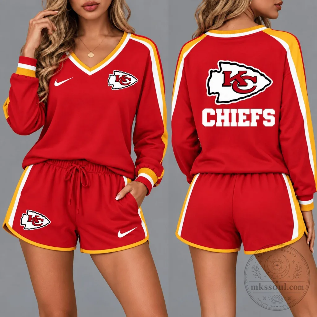 Kansas City Chiefs Football Team Red and Yellow Long-Sleeve Shirt and Shorts Set Kansas City Chiefs Football Team Red and Yellow Long-Sleeve Shirt and Shorts Set