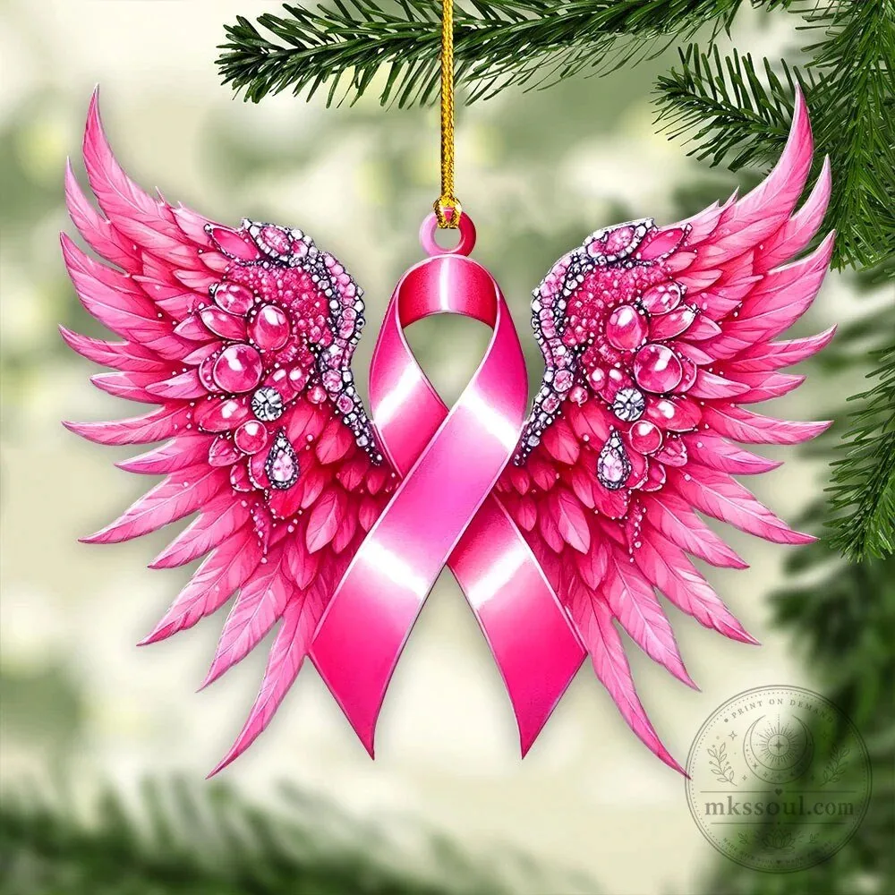 Breast Cancer Awareness Pink Ribbon Angel Wings Christmas Tree Ornament