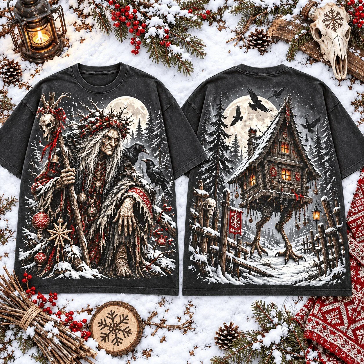 Baba Yaga Dark Winter Christmas Witch Forest Scene Full Moon T-Shirt
