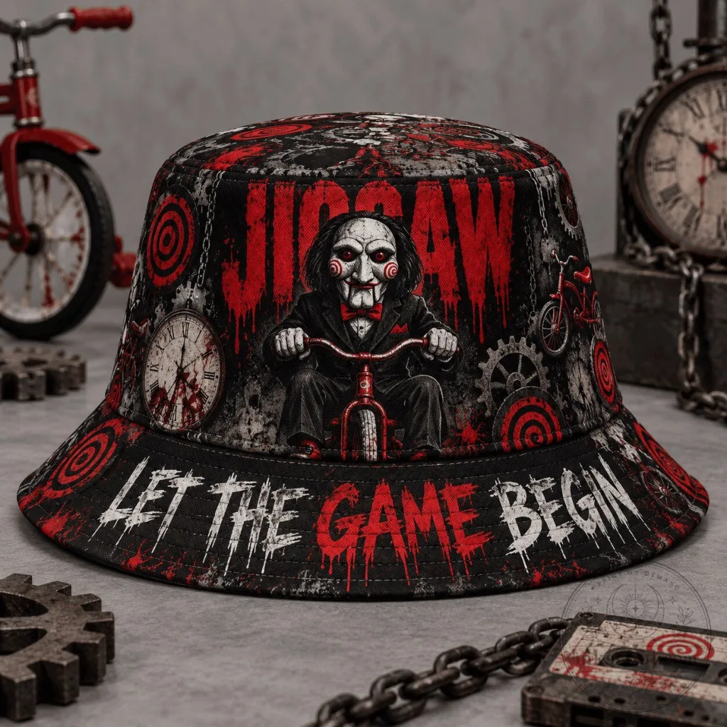 Horror Movie Bucket Hat featuring Jigsaw Billy The Puppet - Let the Game Begin Horror Movie Bucket Hat featuring Jigsaw Billy The Puppet - Let the Game Begin