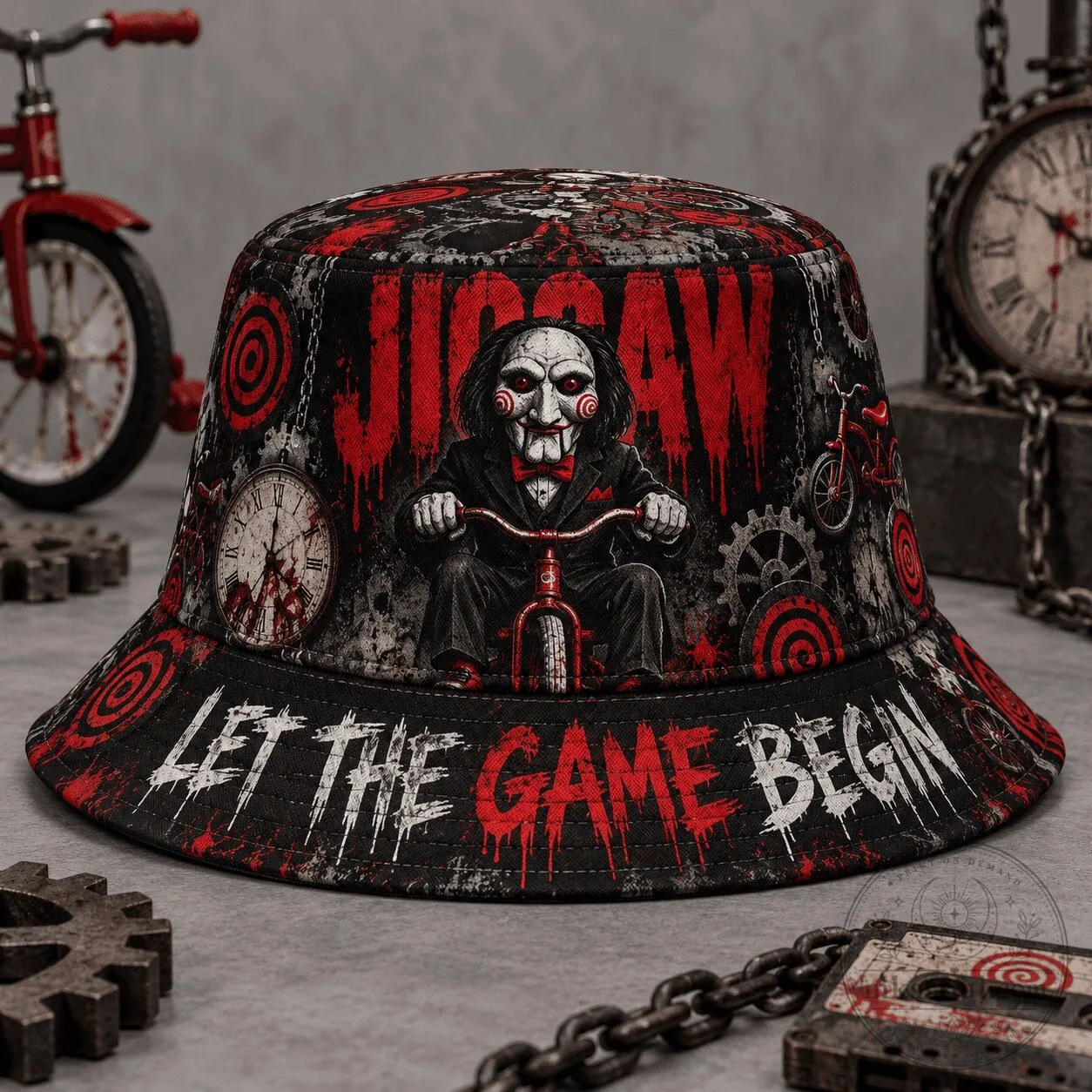 Horror Movie Bucket Hat featuring Jigsaw Billy The Puppet - Let the Game Begin 1 Horror Movie Bucket Hat featuring Jigsaw Billy The Puppet - Let the Game Begin