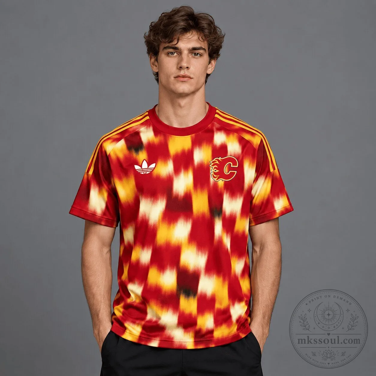 Calgary Flames Adidas Blurred Checkered Streetwear T-Shirt