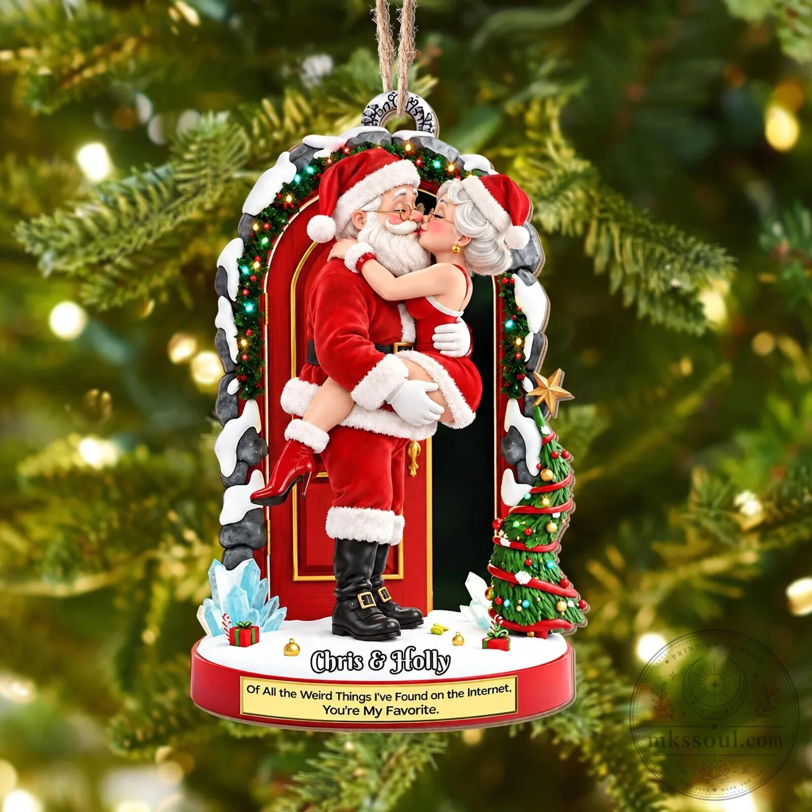 Personalized Santa and Mrs Claus Kissing Christmas Tree Ornament
