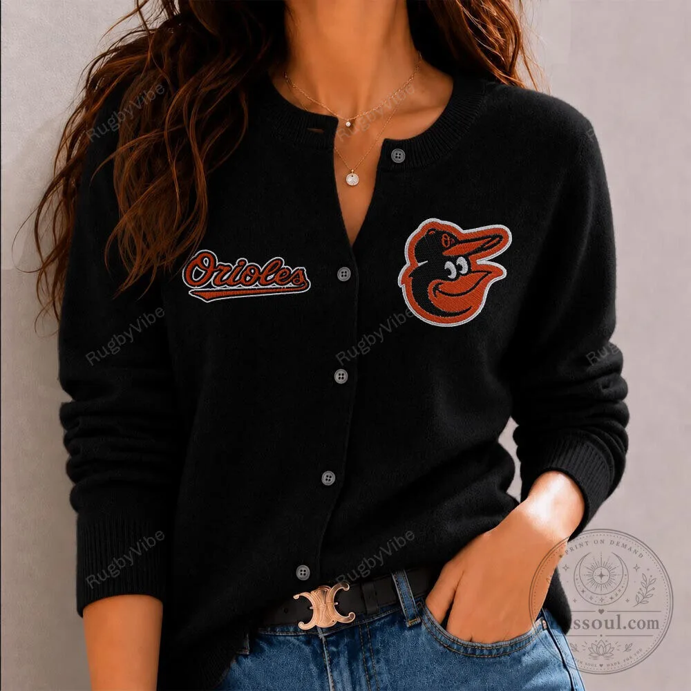 Baltimore Orioles Baseball Team Logo Black Button-Up Cardigan Sweater for Women