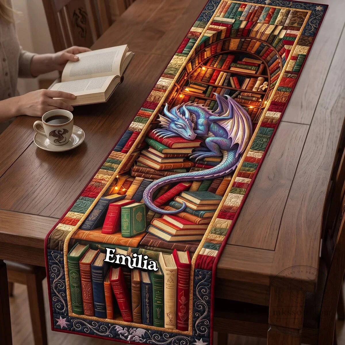 Personalized Dragon Library Book Lover Quilted Table Runner Decor