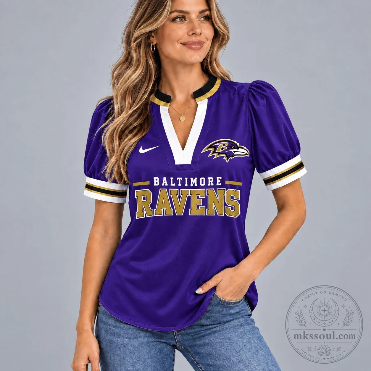 Baltimore Ravens Women's V-Neck Puff Sleeve Game Day Shirt