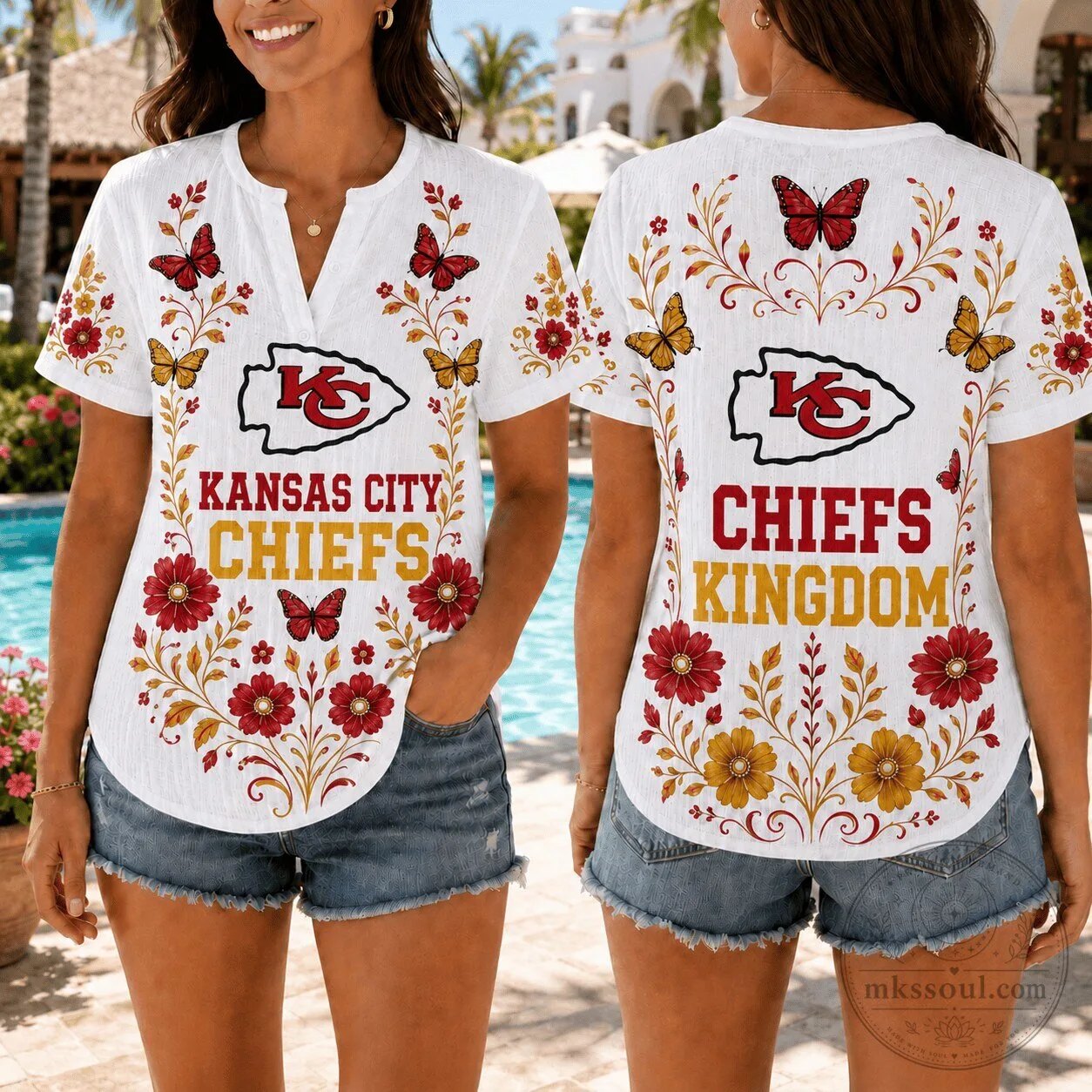 Kansas City Chiefs Butterfly Floral Women's Summer V-Neck T-Shirt