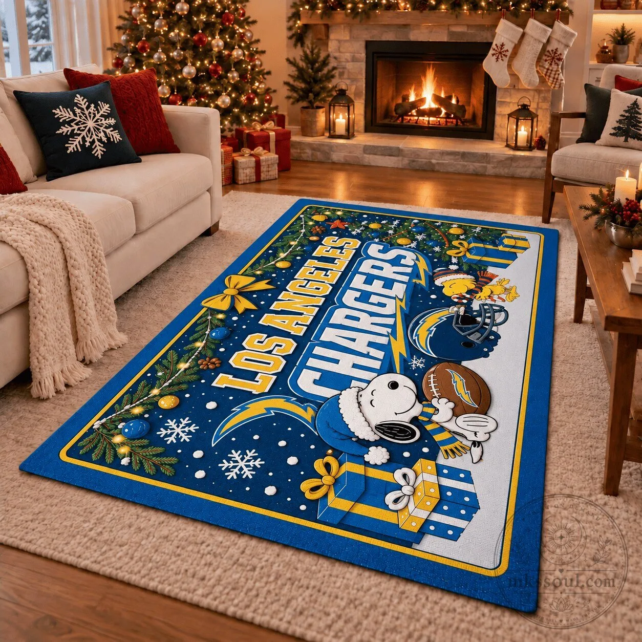 Los Angeles Chargers Snoopy Christmas Holiday Area Rug