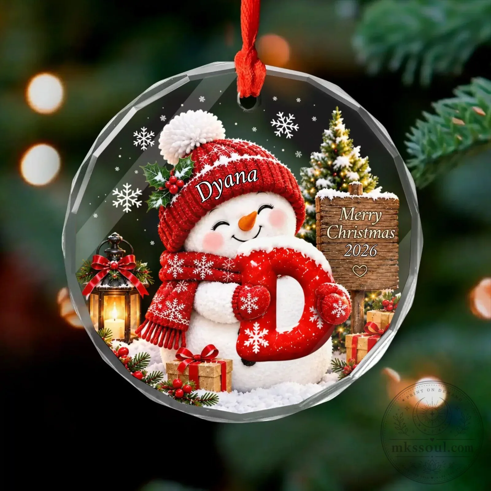 Personalized Snowman Merry Christmas 2026 Round Glass Ornament
