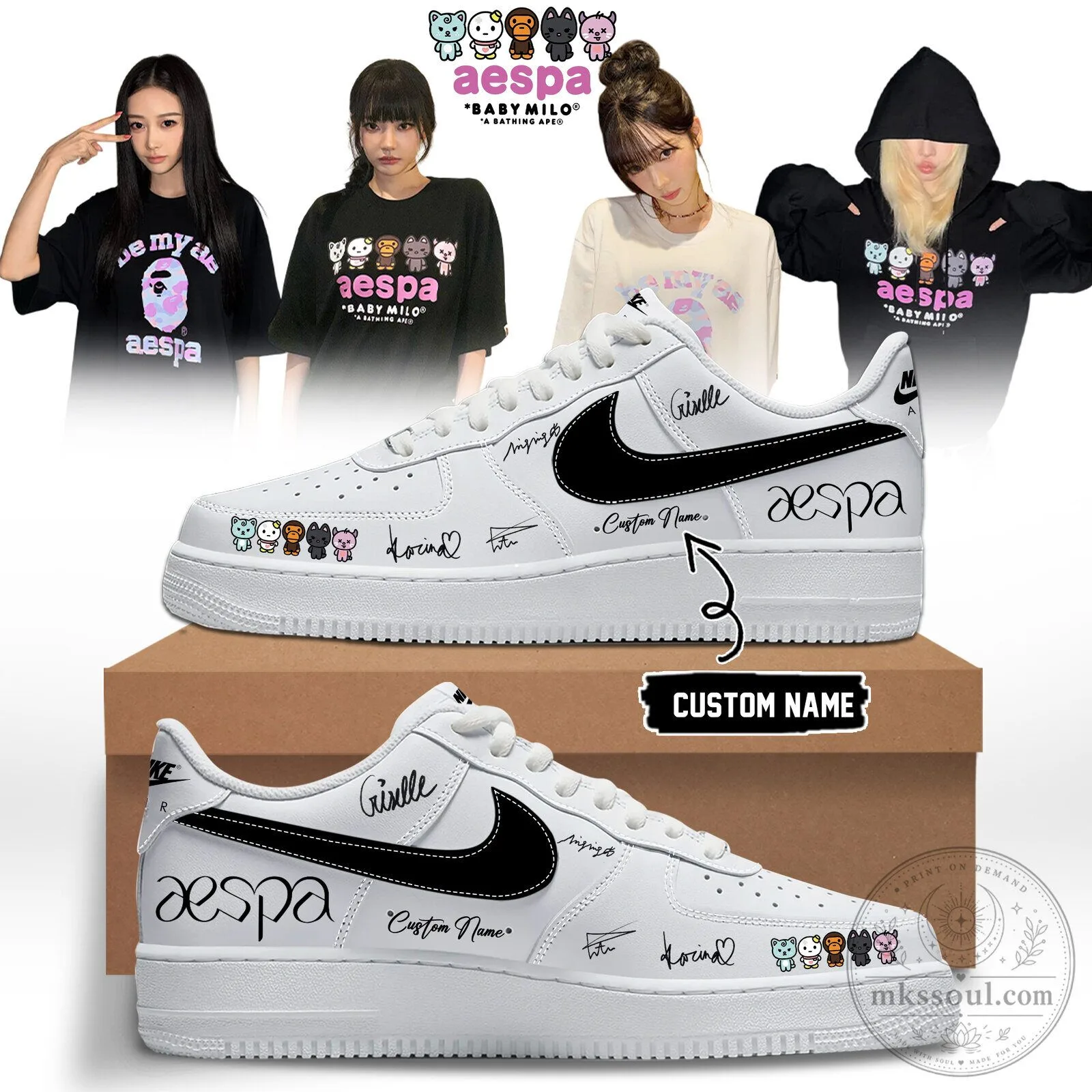 Aespa Baby Milo Custom Name White Fashion Sneakers