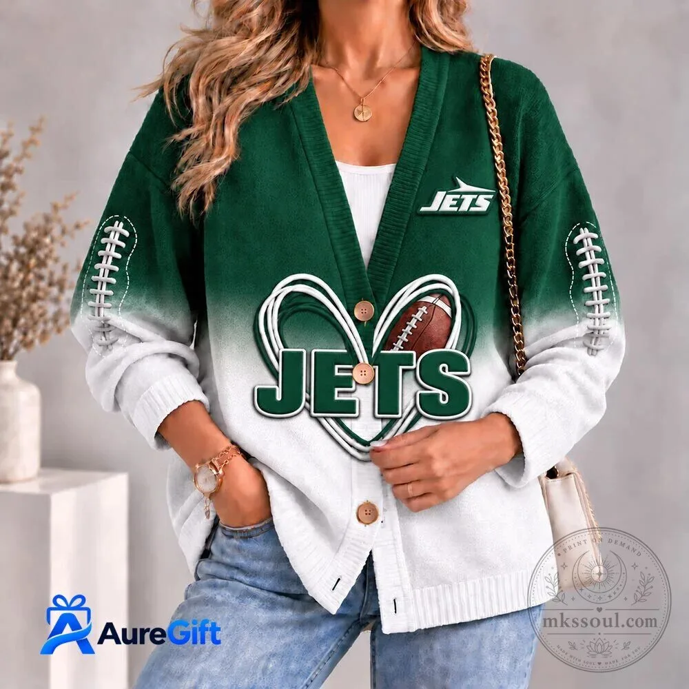 New York Jets Football Team Heart Logo Green and White Cardigan Sweater