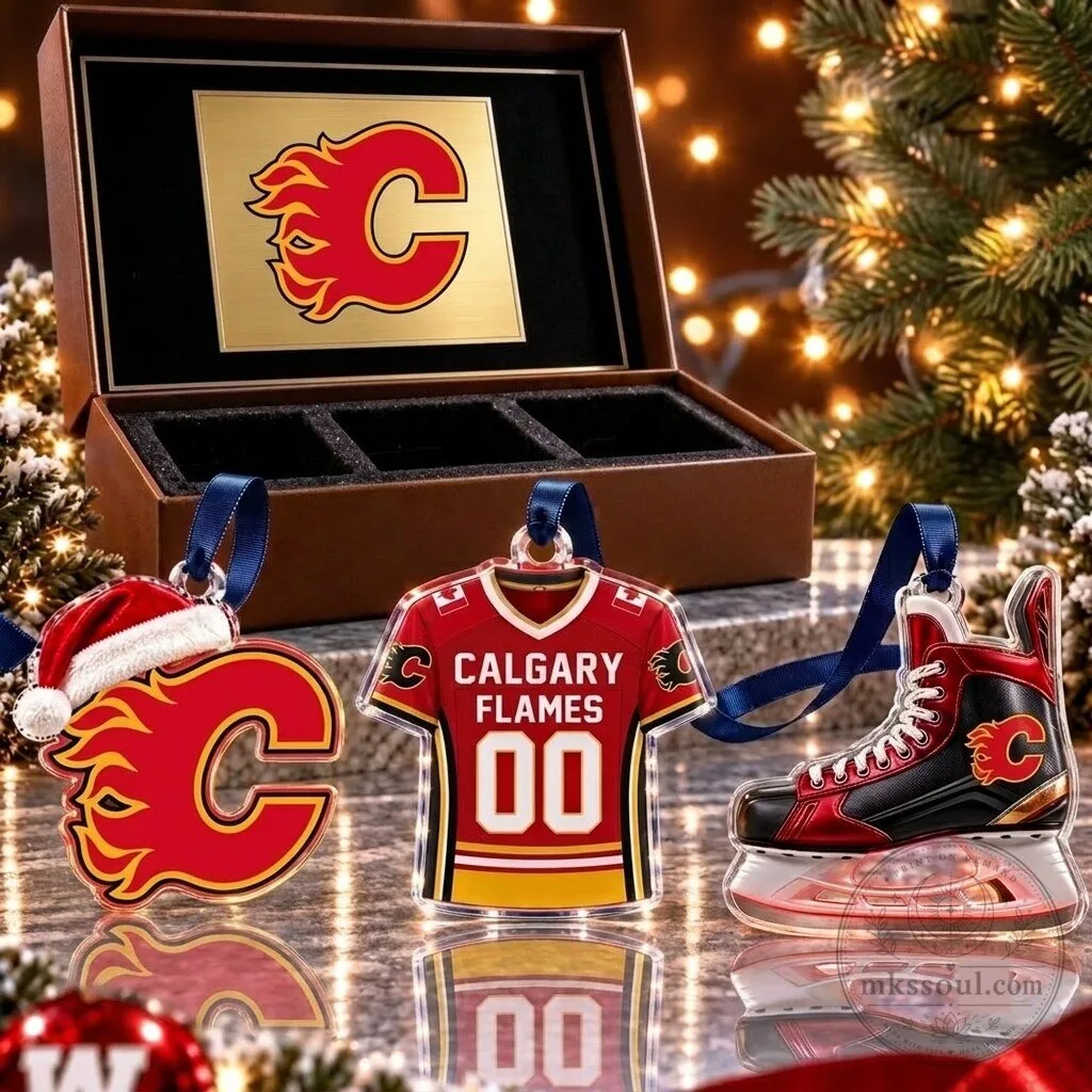 Calgary Flames Hockey Team Christmas Tree Ornaments Set