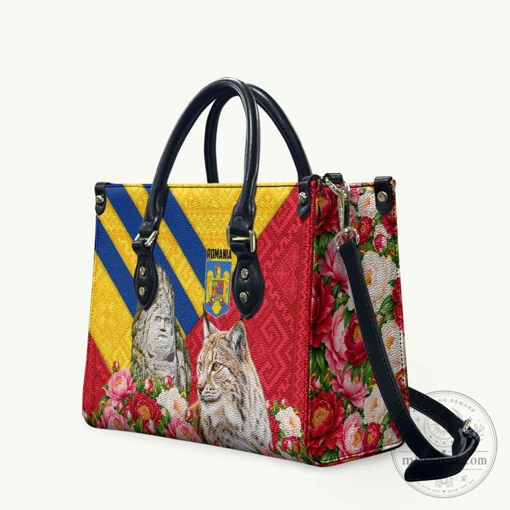 Romania Flag Lynx Decebalus Rex Peony Floral Motifs Leather Handbag