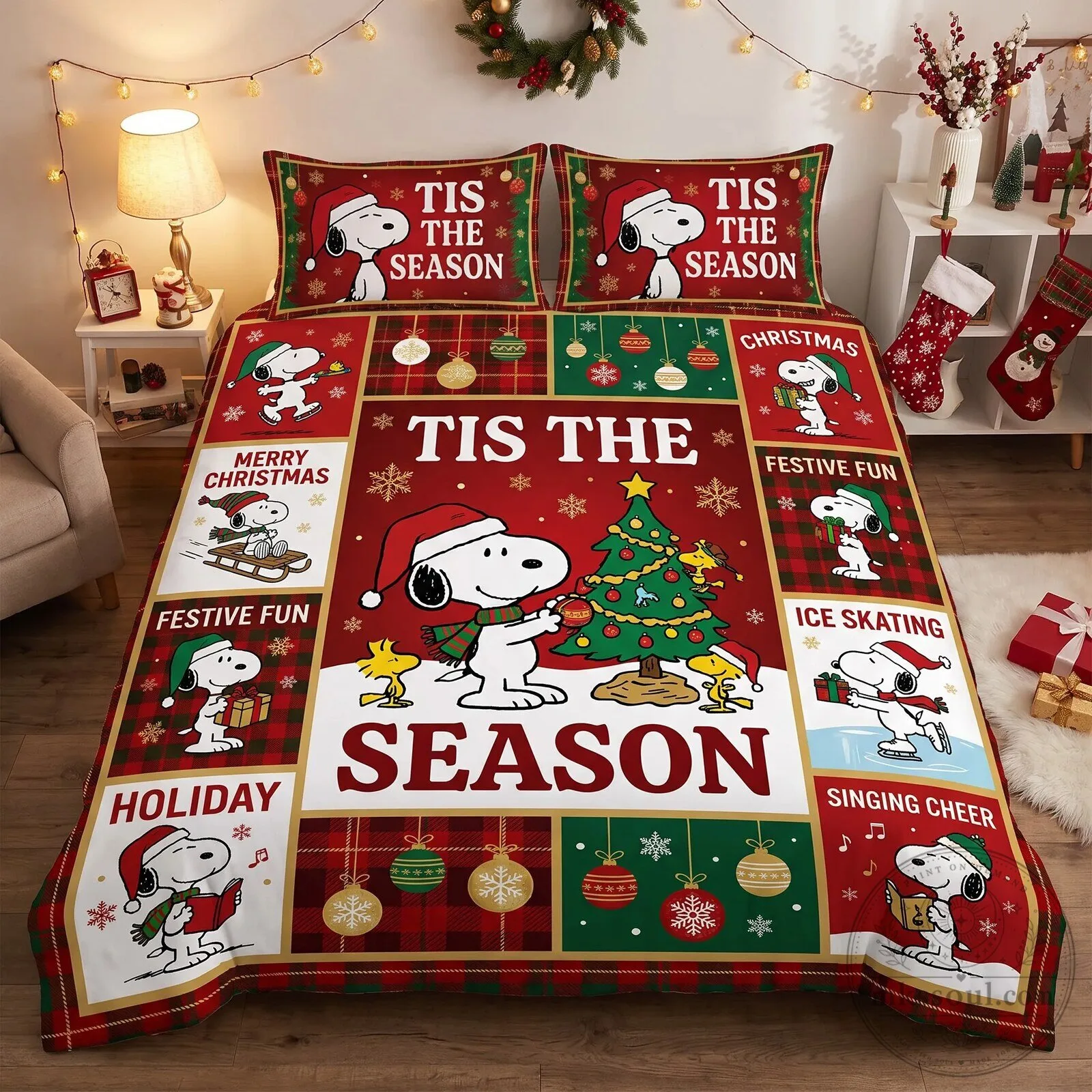 Snoopy Peanuts Christmas Holiday Tis The Season Quilt Bedding Set
