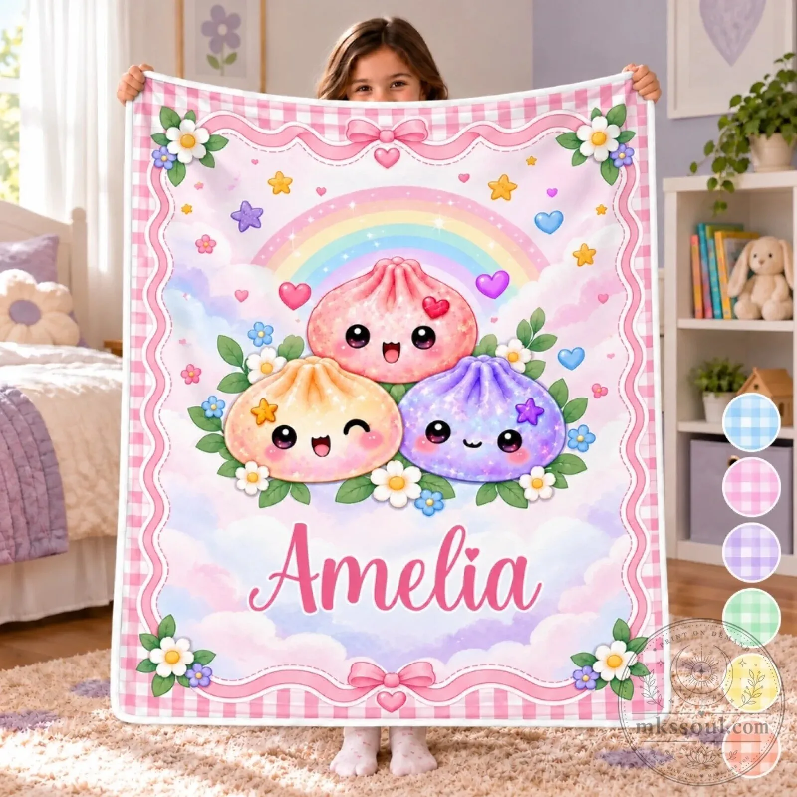 Personalized Cute Dumpling Squishy Rainbow Kids Name Blanket