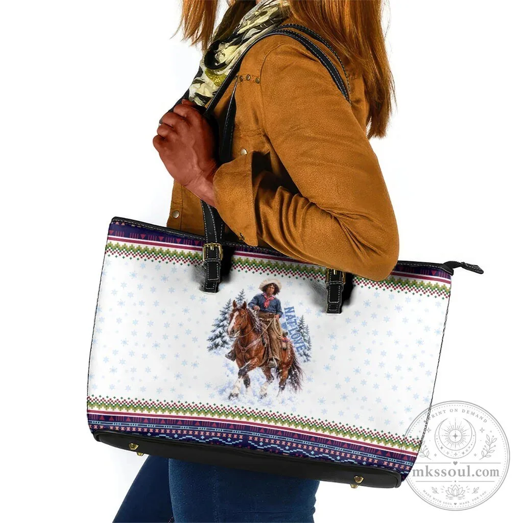 Nat Love African American Cowboy Winter Snow Fair Isle Pattern Leather Tote Bag