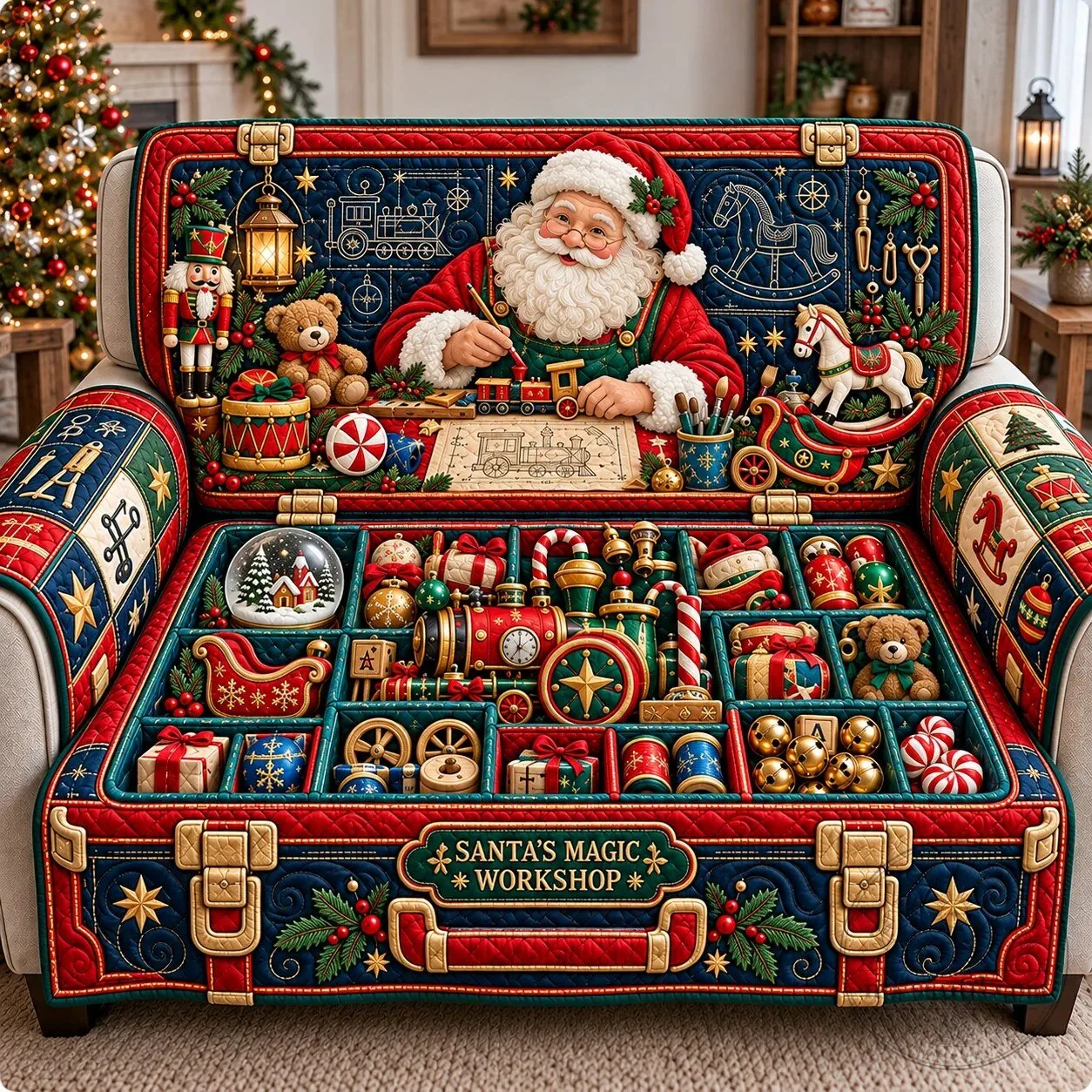 Santa's Magic Workshop Christmas Quilted Sofa Cover for Holiday Decor