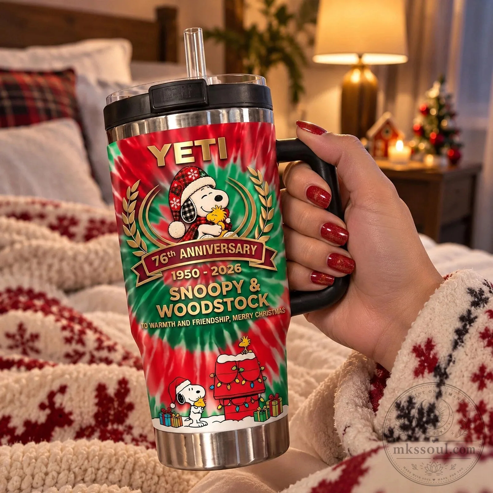 Snoopy and Woodstock 76th Anniversary Christmas Tie-Dye Handle Tumbler 4 Snoopy and Woodstock 76th Anniversary Christmas Tie-Dye Handle Tumbler