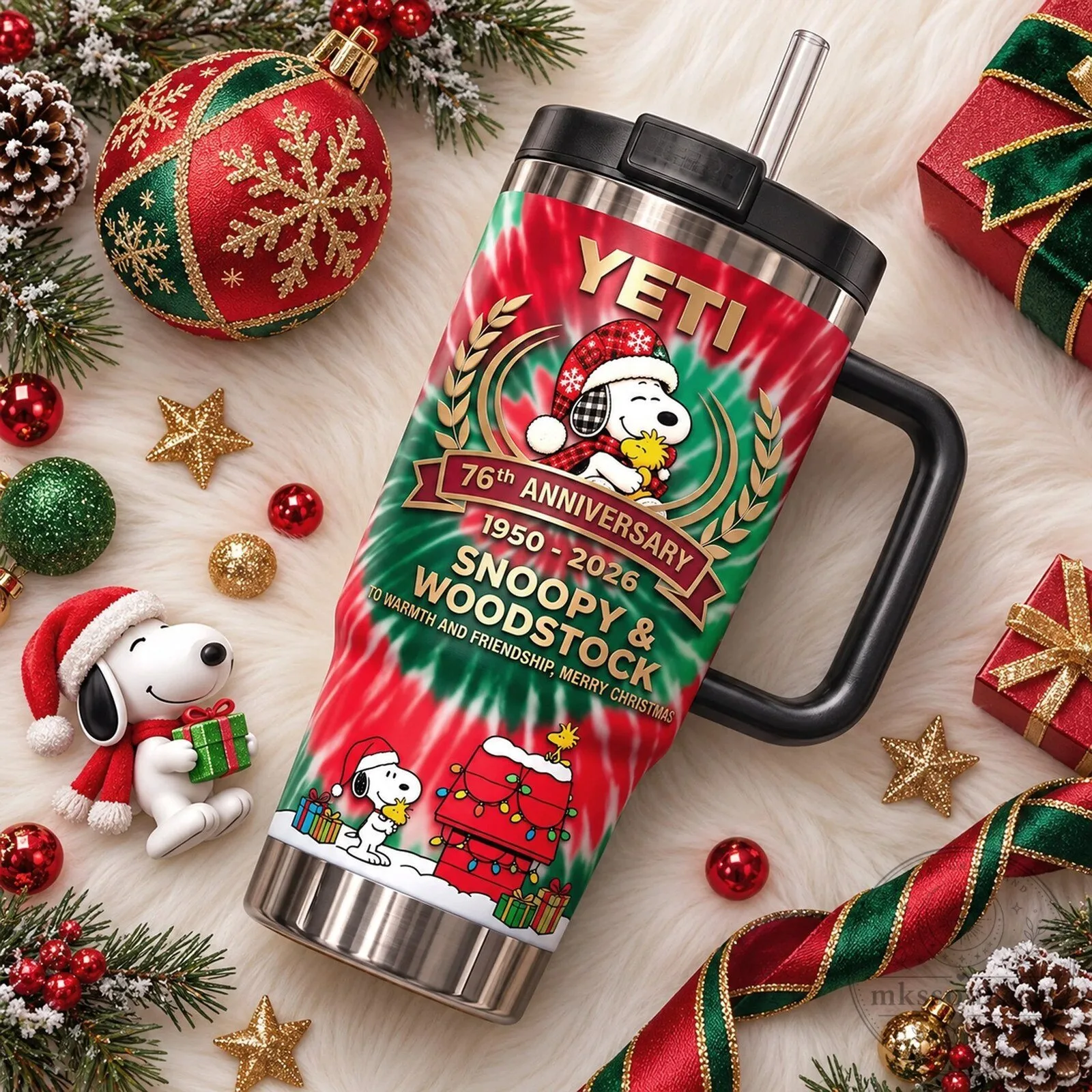 Snoopy and Woodstock 76th Anniversary Christmas Tie-Dye Handle Tumbler 5 Snoopy and Woodstock 76th Anniversary Christmas Tie-Dye Handle Tumbler