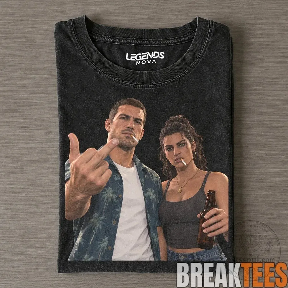 Grand Theft Auto VI Jason and Lucia Middle Finger and Beer T-Shirt