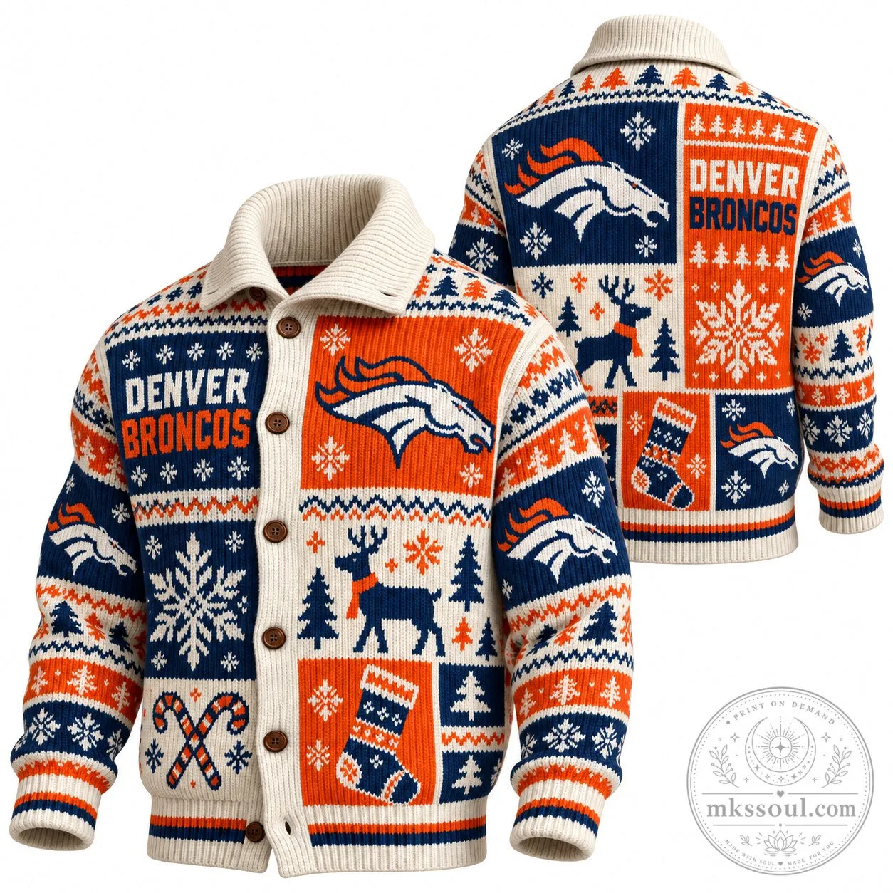 Denver Broncos Ugly Christmas Sweater Knit Cardigan Button Up