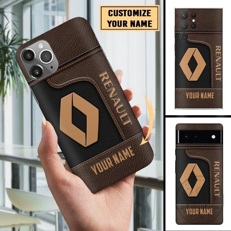 Custom Name Renault Car Logo Brown Leather Texture Phone Case 3 Custom Name Renault Car Logo Brown Leather Texture Phone Case
