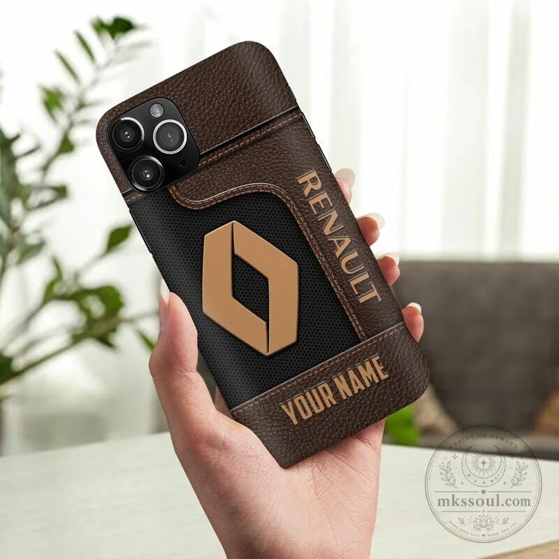 Custom Name Renault Car Logo Brown Leather Texture Phone Case 4 Custom Name Renault Car Logo Brown Leather Texture Phone Case