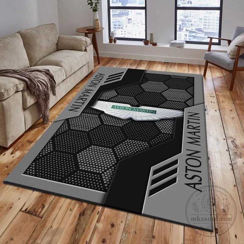 Aston Martin Racing Team Logo Black Gray Honeycomb Pattern Area Rug