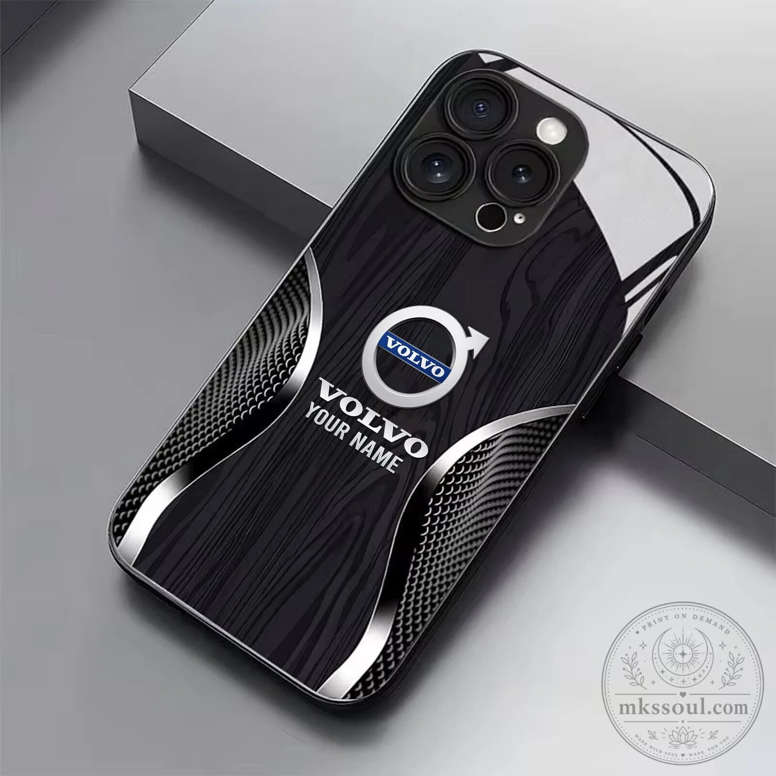 Volvo Custom Name Black Wood Grain Pattern iPhone Phone Case