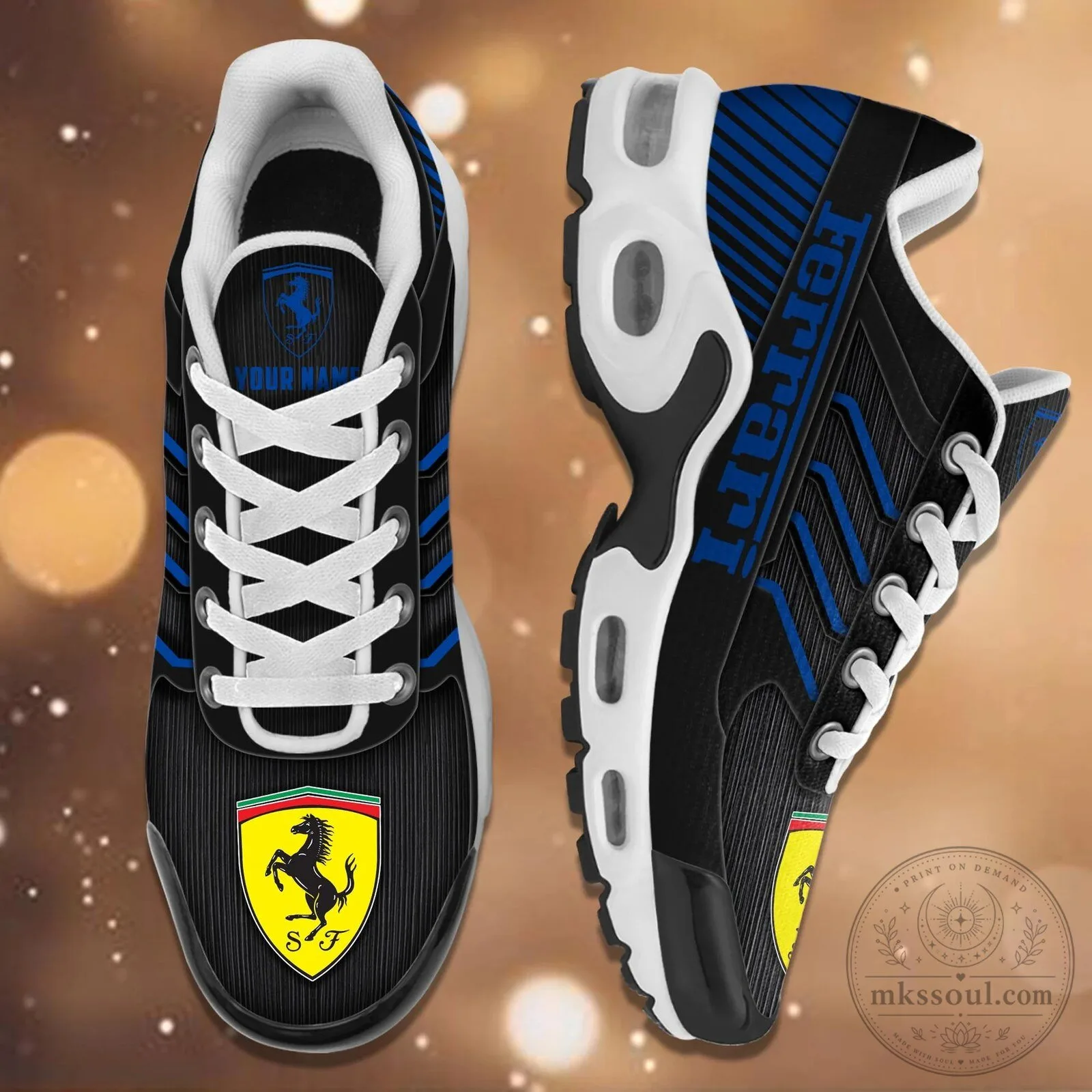 Ferrari Custom Name Black and Blue Sports Running Shoes
