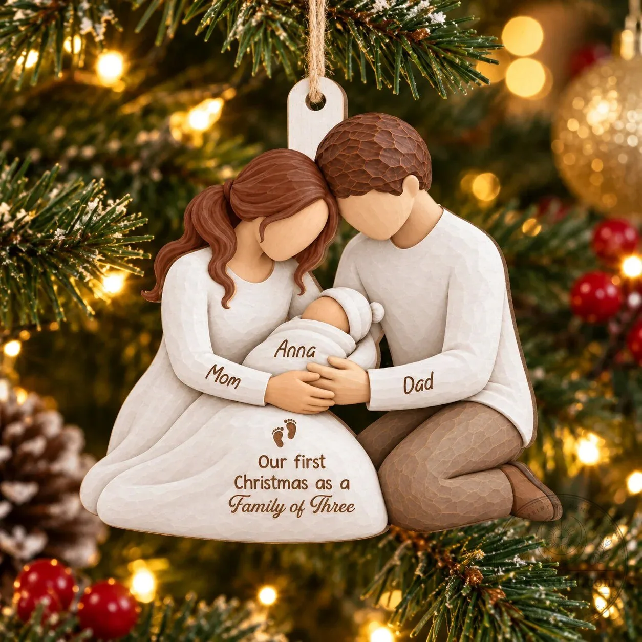 Personalized First Christmas Family of Three Kneeling Parents with Baby Ornament