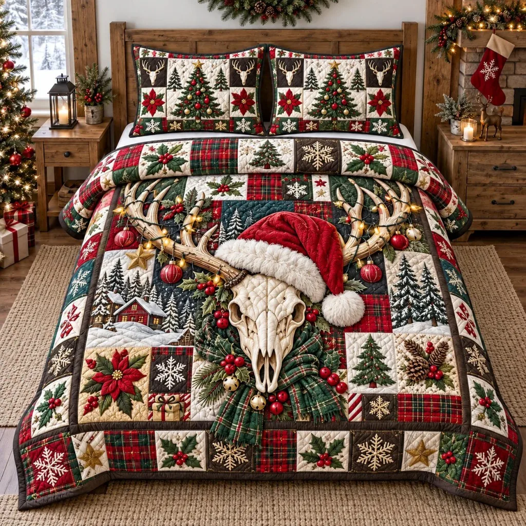 Christmas Deer Skull Patchwork Quilted Bedding Set with Santa Hat and Lights Christmas Deer Skull Patchwork Quilted Bedding Set with Santa Hat and Lights