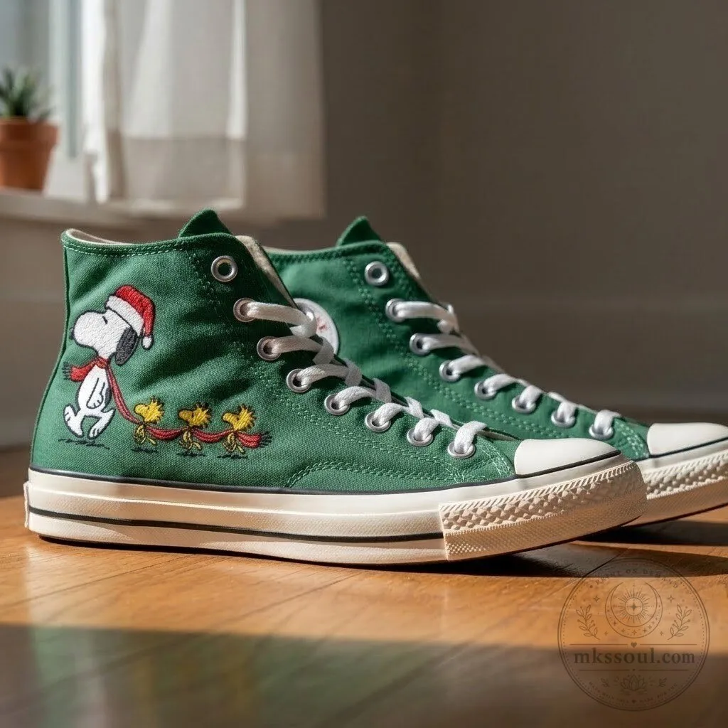 Snoopy and Woodstock Christmas Embroidered Green High-Top Canvas Sneakers