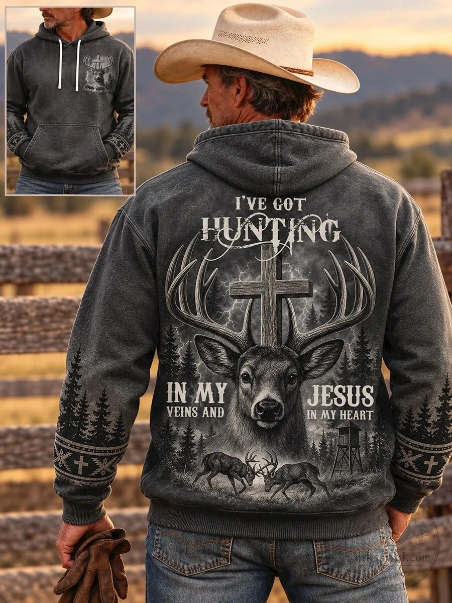 Men's Hunting Deer Christian Faith I've Got Hunting In My Veins And Jesus In My Heart Hoodie