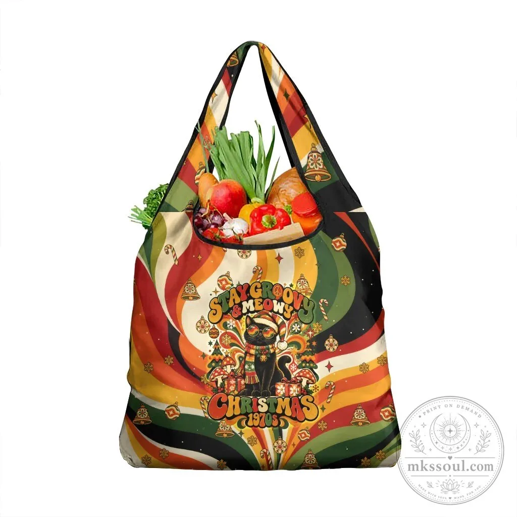 Stay Groovy Meowy Christmas Black Cat Vintage 1970s Retro Holiday Reusable Grocery Bag