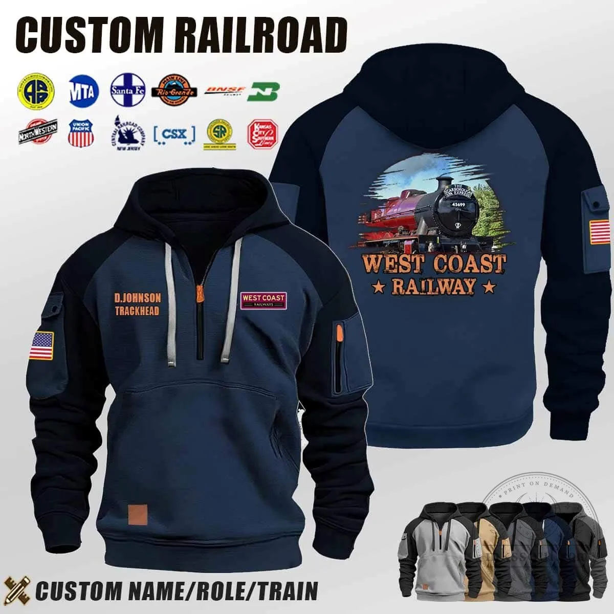 West Coast Railway Train Engine Custom Name Quarter-Zip Hoodie 6 West Coast Railway Train Engine Custom Name Quarter-Zip Hoodie