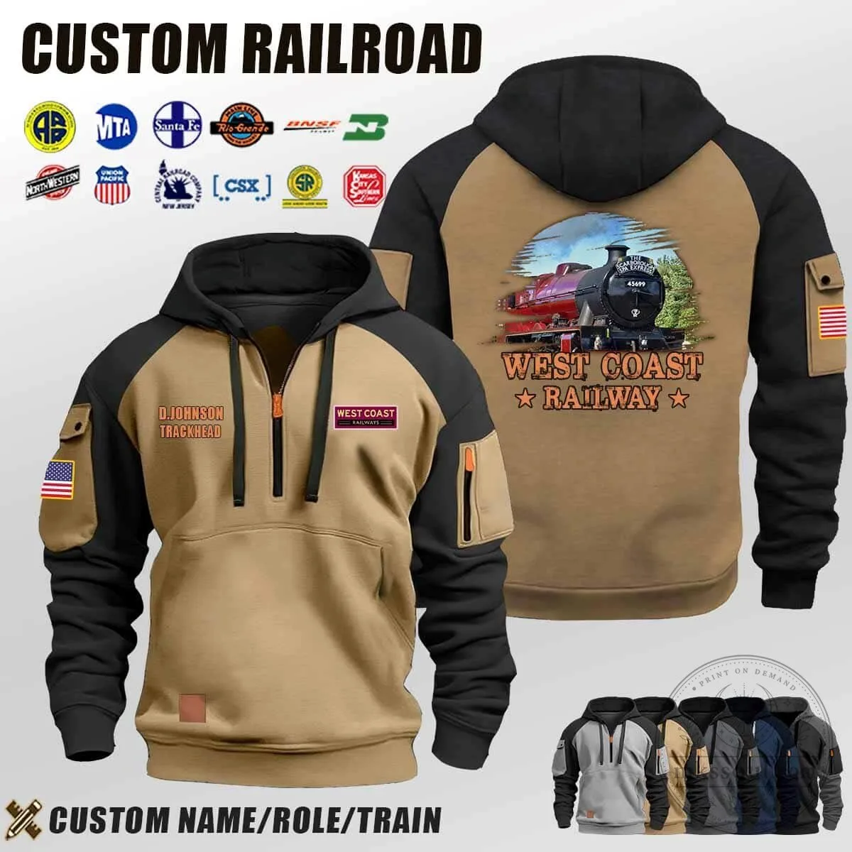 West Coast Railway Train Engine Custom Name Quarter-Zip Hoodie 7 West Coast Railway Train Engine Custom Name Quarter-Zip Hoodie