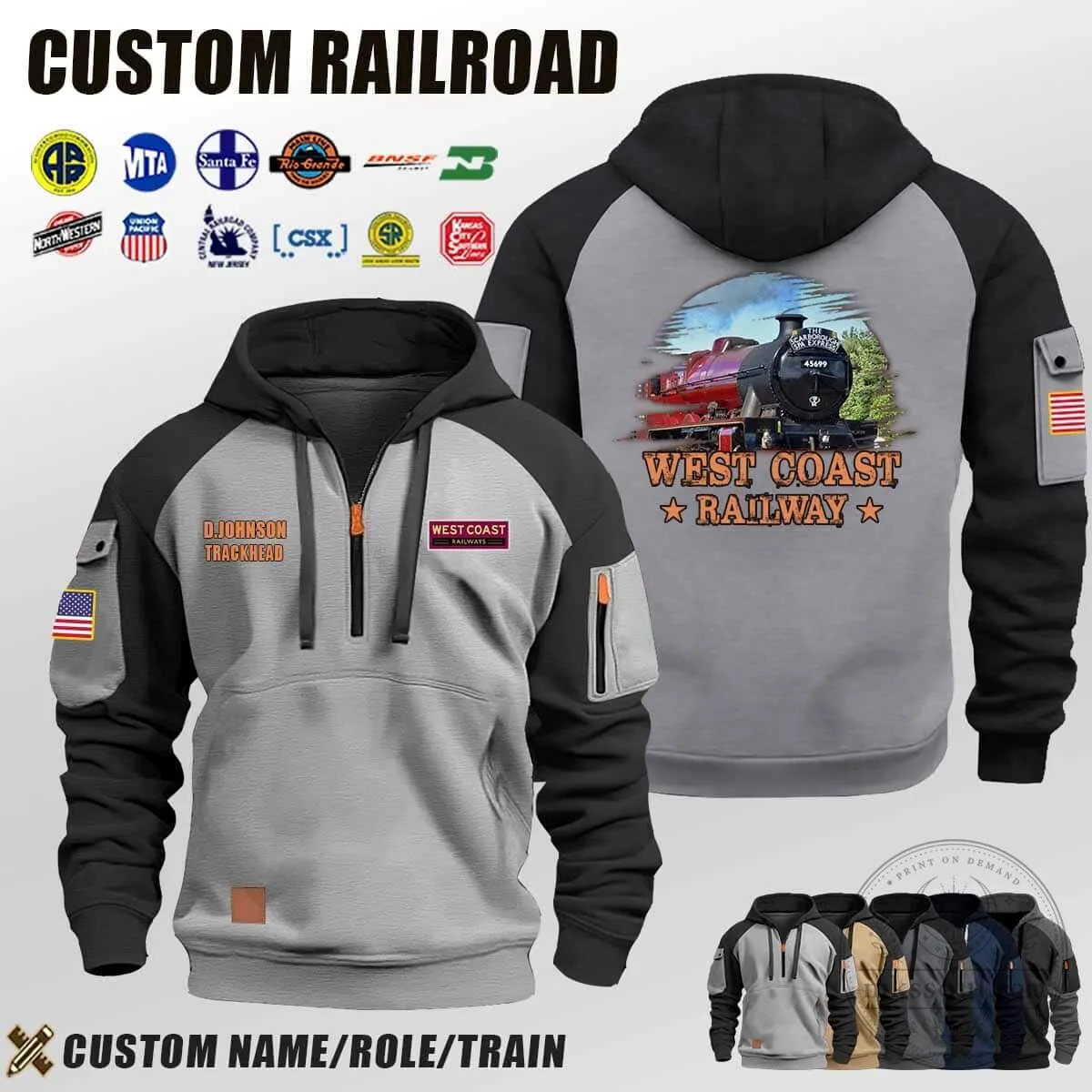 West Coast Railway Train Engine Custom Name Quarter-Zip Hoodie 8 West Coast Railway Train Engine Custom Name Quarter-Zip Hoodie