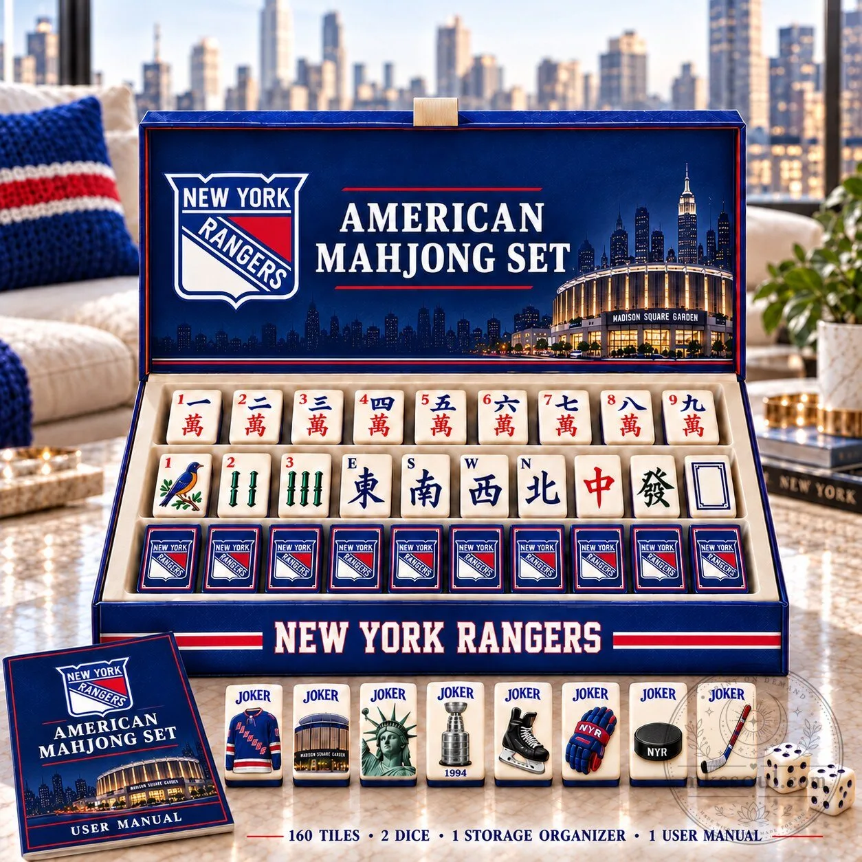 New York Rangers American Mahjong Set with 160 Tiles and Dice