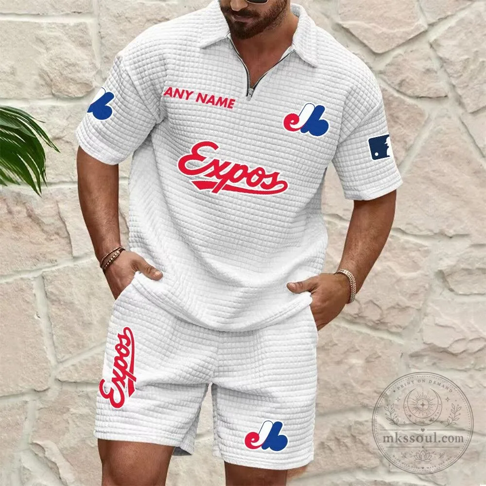 Montreal Expos Baseball Personalized Name White Waffle Knit Polo Shirt and Shorts Set