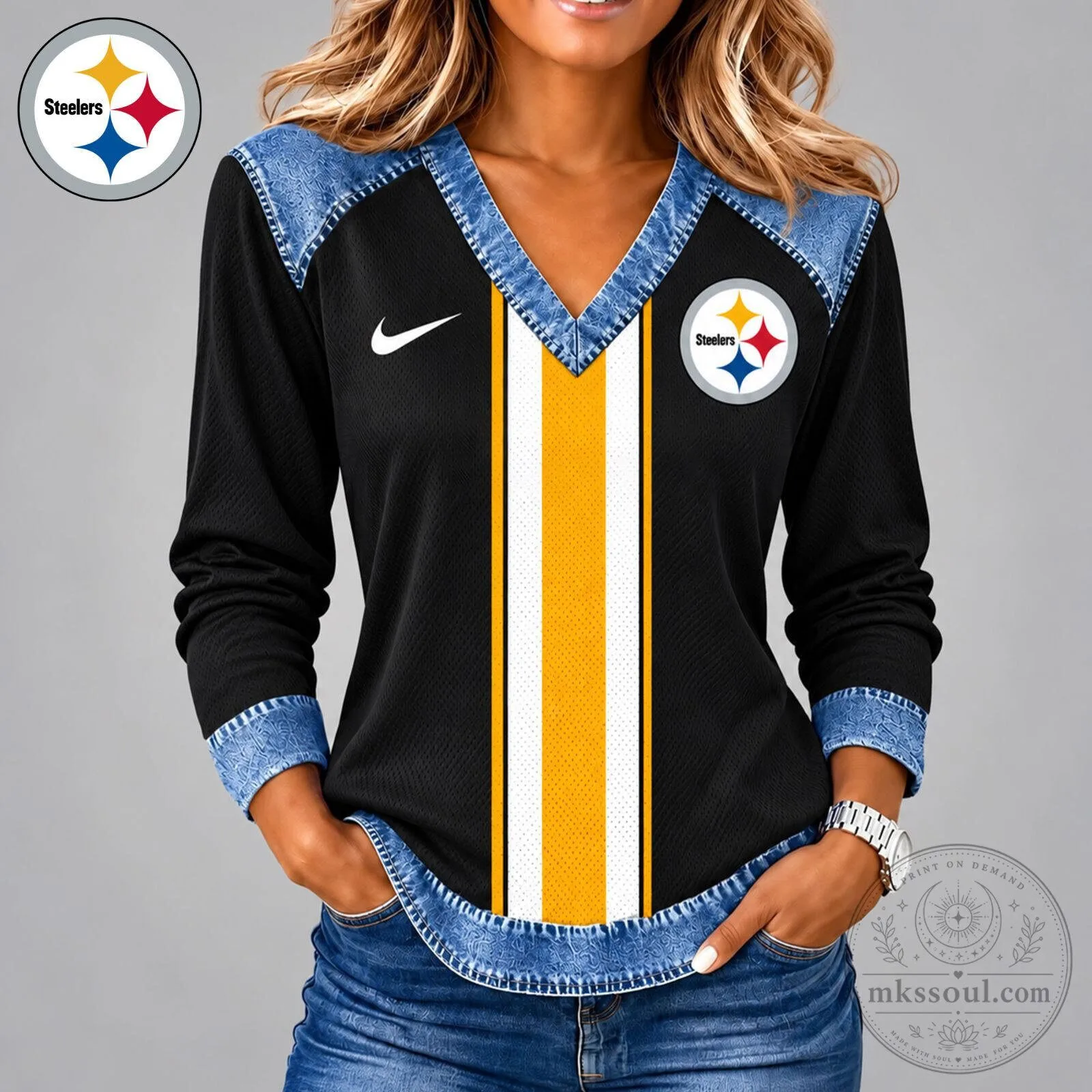 Pittsburgh Steelers NFL Football Team V-Neck Long Sleeve Shirt