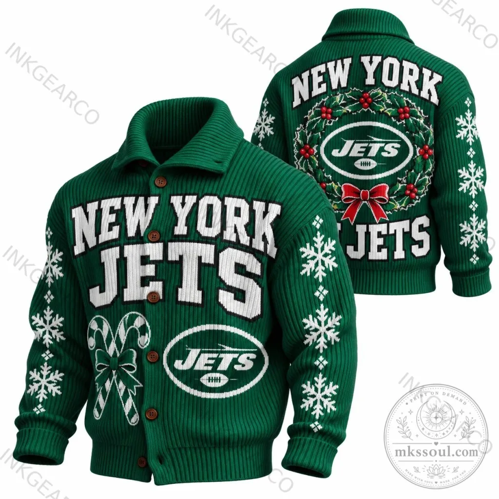 New York Jets Christmas Holiday Snowflakes Candy Canes Ugly Sweater Cardigan New York Jets Christmas Holiday Snowflakes Candy Canes Ugly Sweater Cardigan
