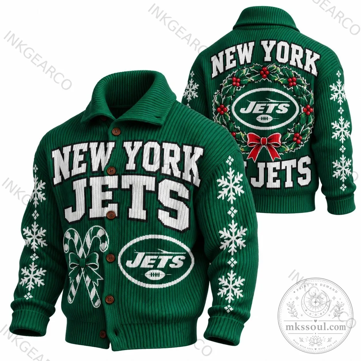 New York Jets Christmas Holiday Snowflakes Candy Canes Ugly Sweater Cardigan