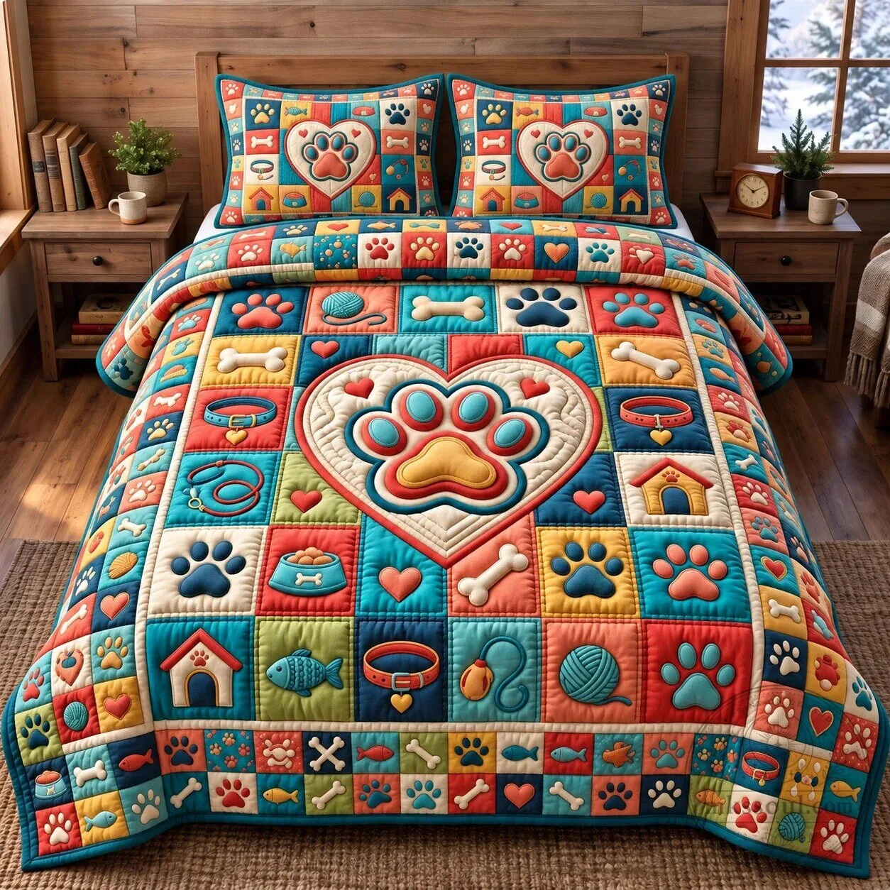 Colorful Pet Dog Paw Print Heart Quilted Bedding Set with Pillow Shams