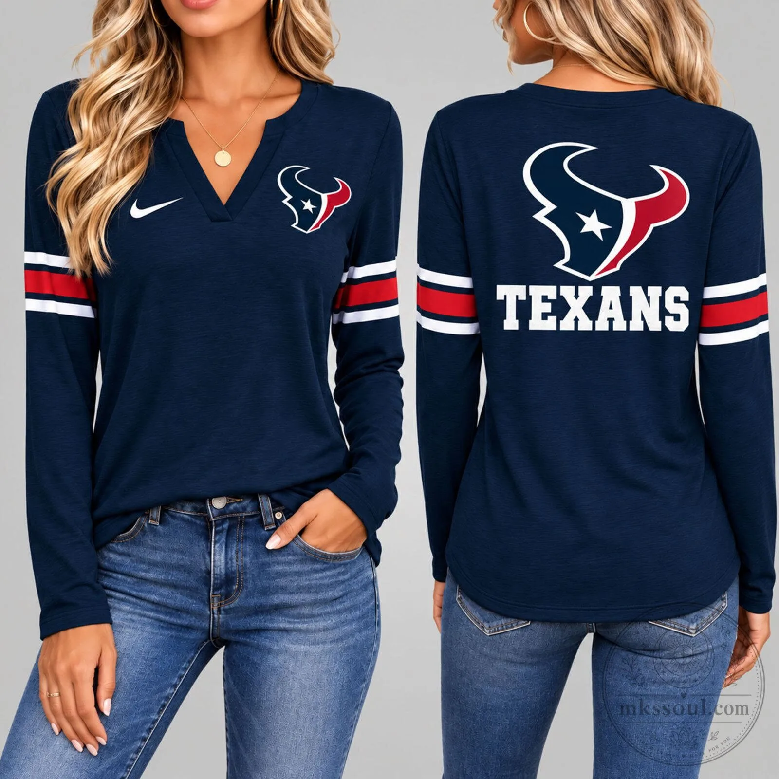 Houston Texans Women's Fanwear V-Neck Long Sleeve Shirt 1 Houston Texans Women