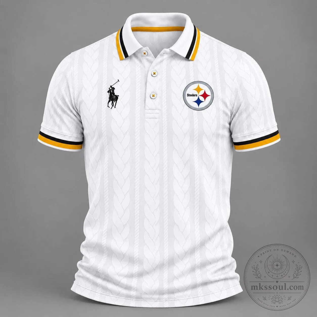 Pittsburgh Steelers NFL Classic White Cable Knit Polo Shirt for Men