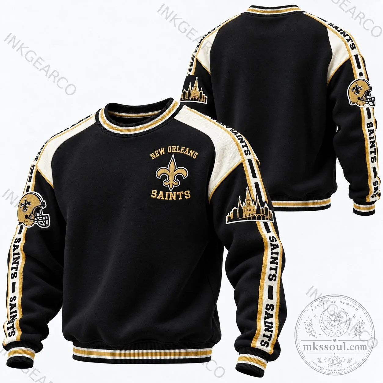 Crewneck Sweatshirt in Black and Gold for New Orleans Saints Football Team Fans