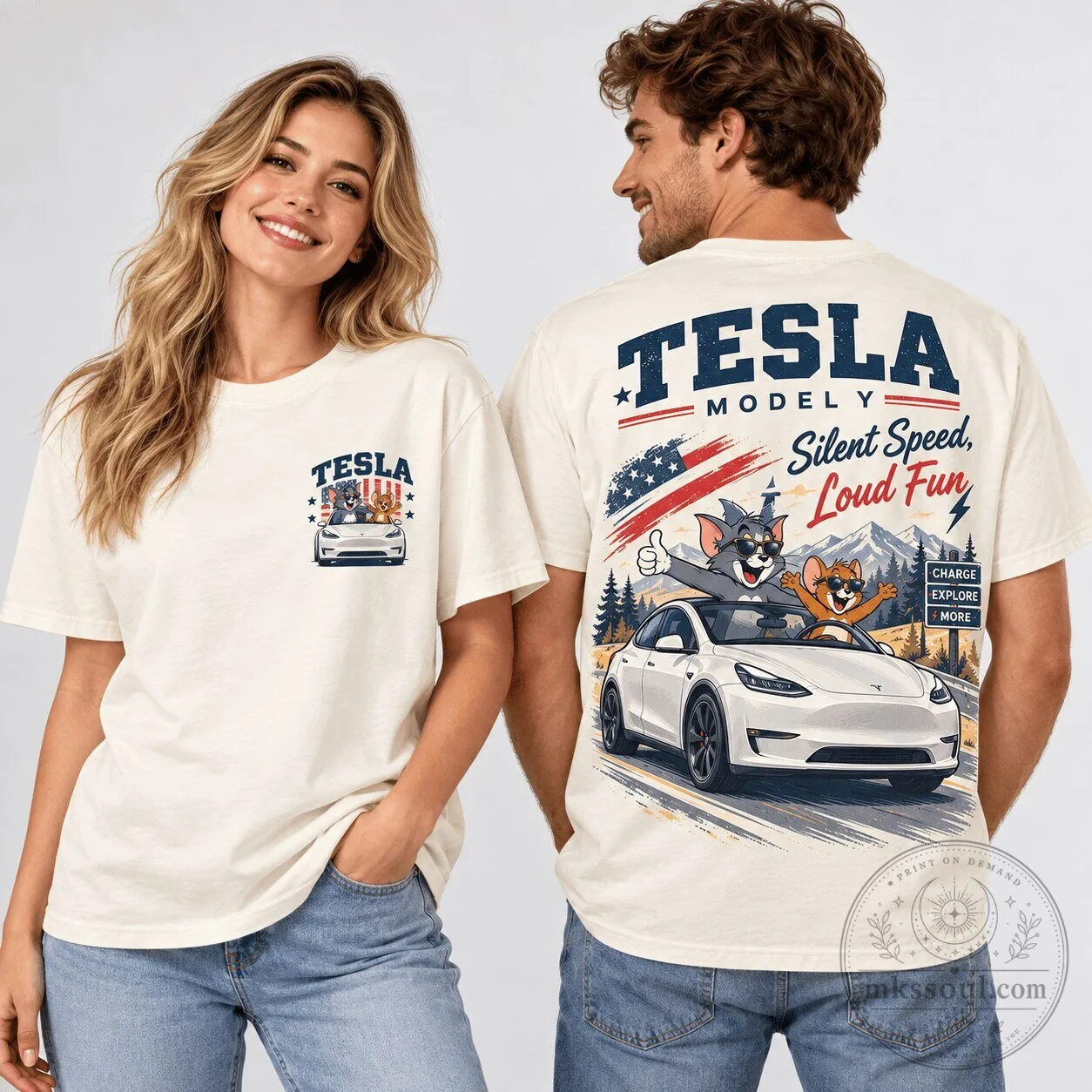Tom and Jerry Tesla Model Y Silent Speed Loud Fun T-Shirt