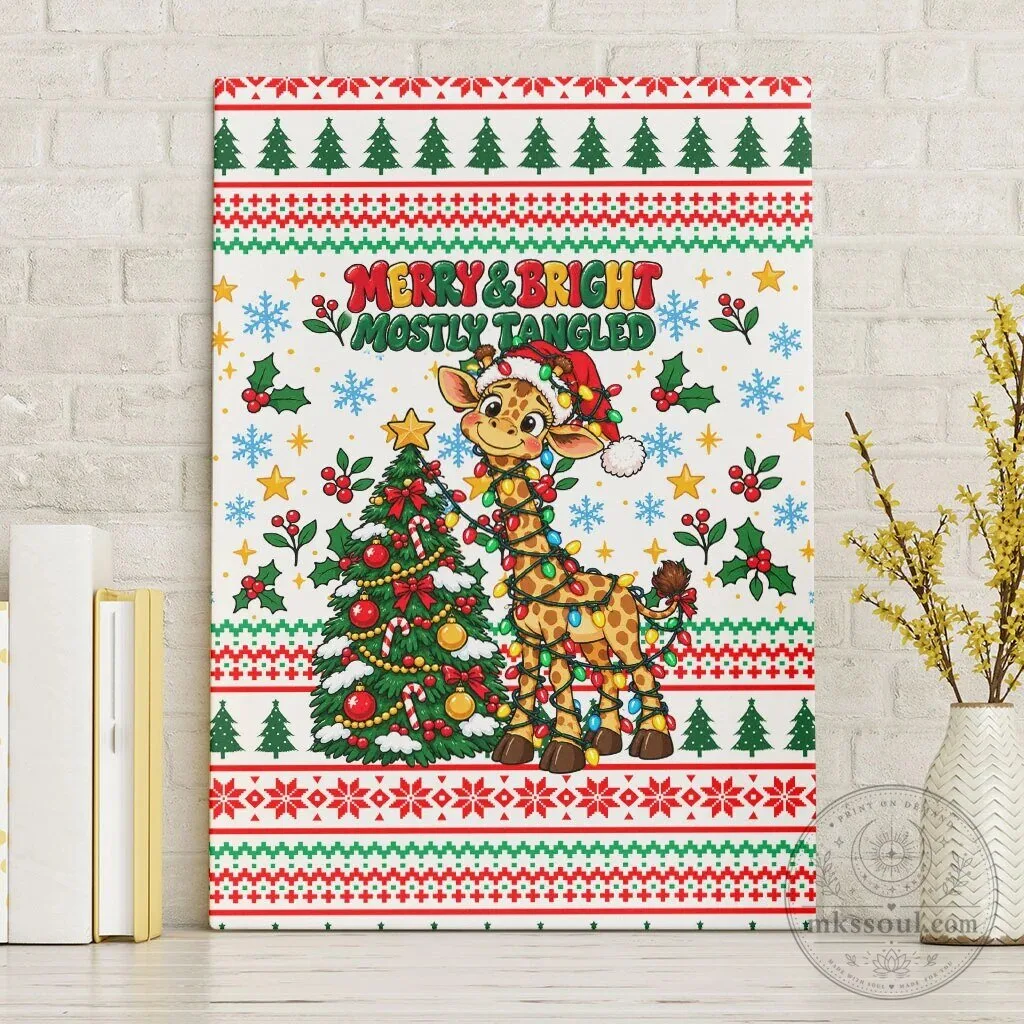 Merry And Bright Mostly Tangled Christmas Giraffe Canvas Wall Art