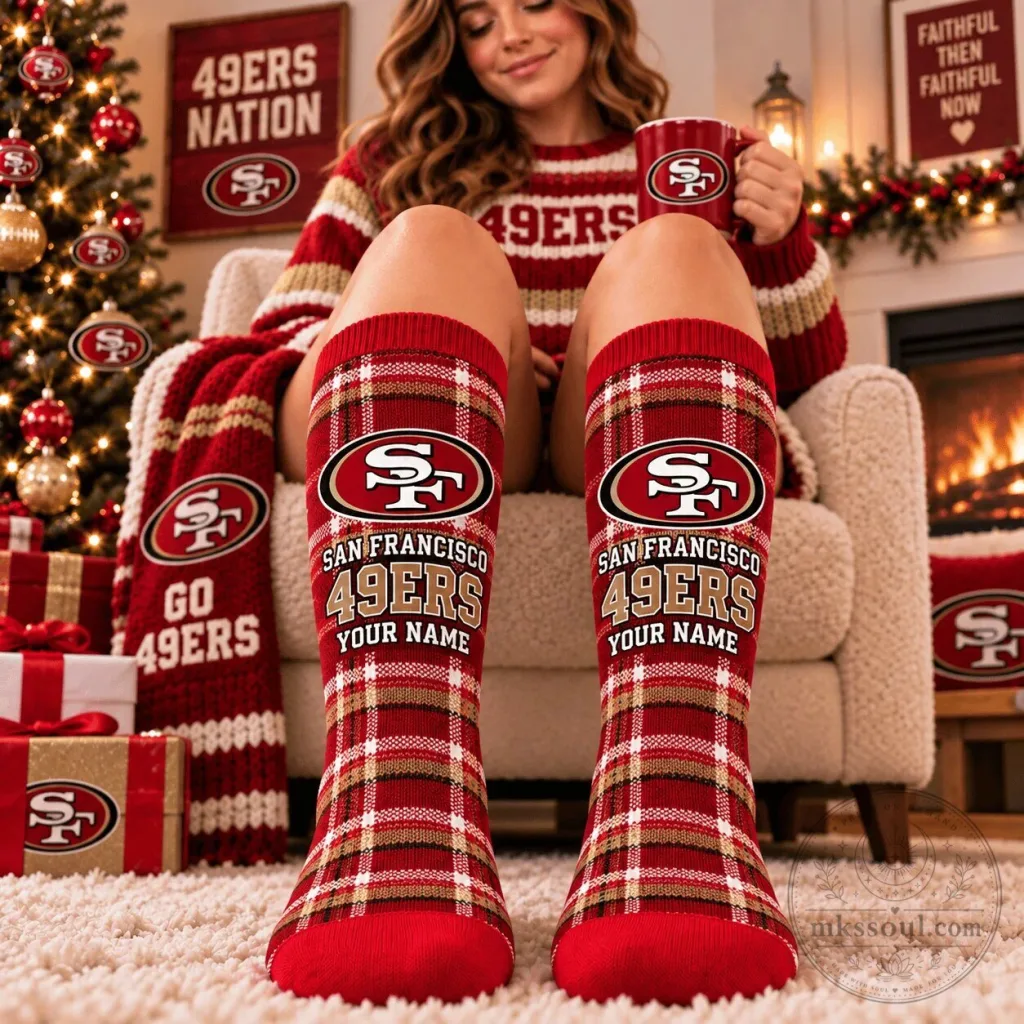 San Francisco 49ers Plaid Pattern Personalized Name Crew Socks San Francisco 49ers Plaid Pattern Personalized Name Crew Socks